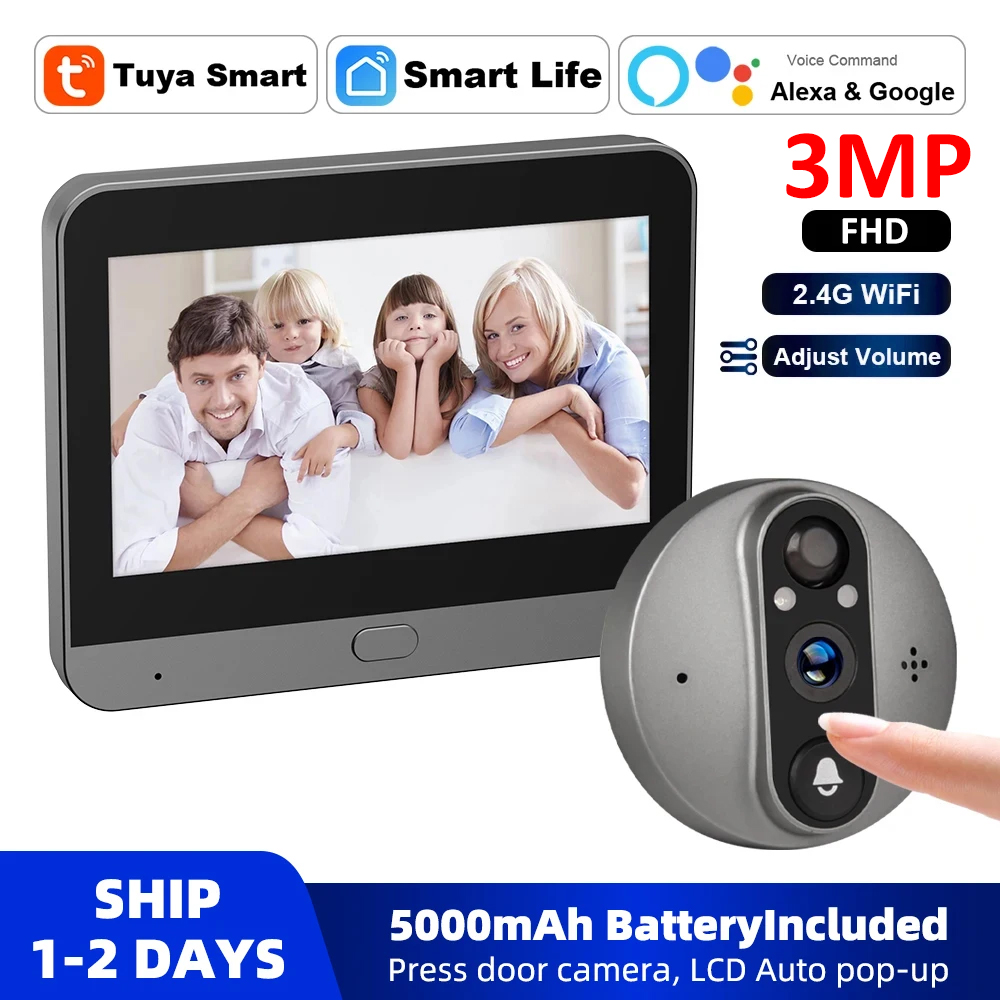 Smart Doorbell Wired - 3MP WiFi Smart Tuya Peephole 5000mAh
