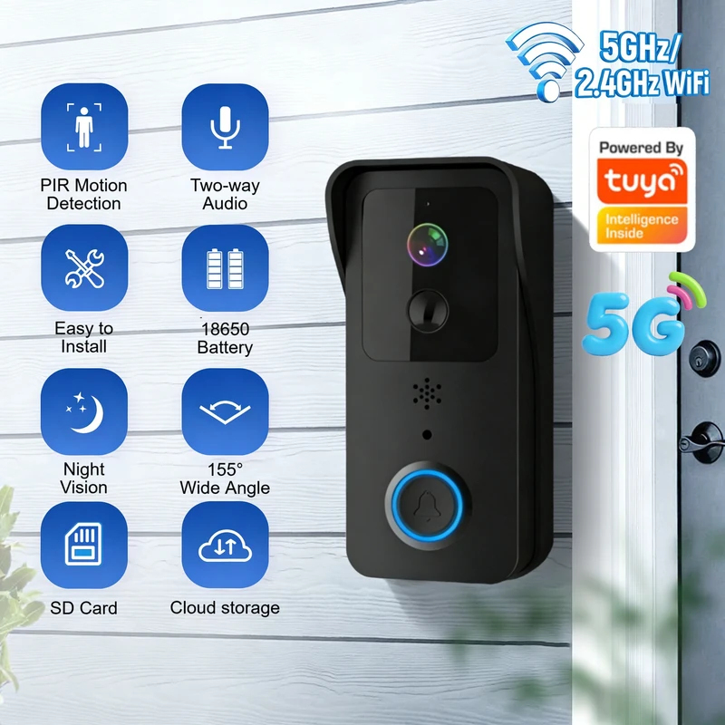 Smart Doorbell Wired - 5G/2.4G WiFi Video Doorbell 1080P Tuya
